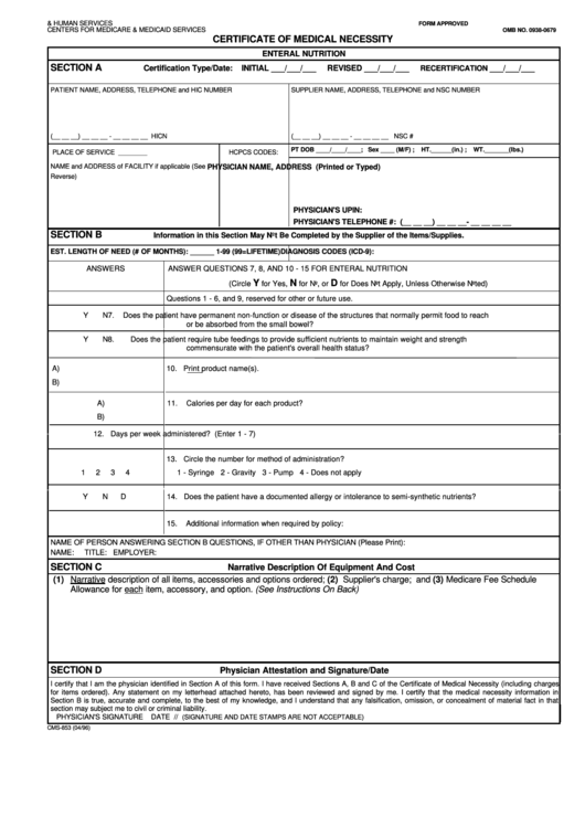 Form Cms-853 - Certificate Of Medical Necessity Printable pdf