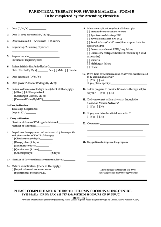 Parenteral Therapy For Severe Malaria - Form B To Be Completed By The Attending Physician Printable pdf