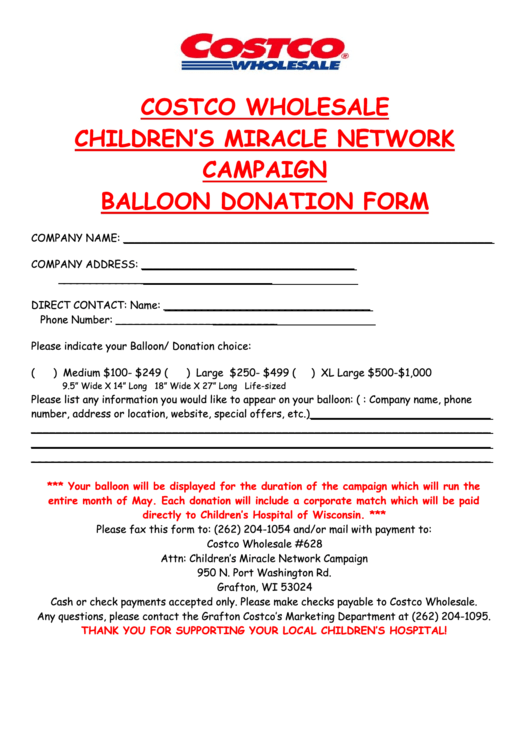 Balloon Donation Form Printable pdf
