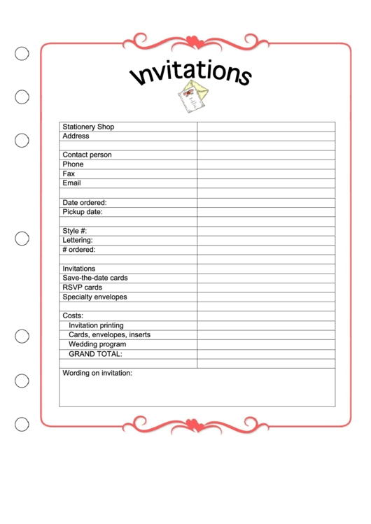 Wedding Invitation Spreadsheet Printable pdf