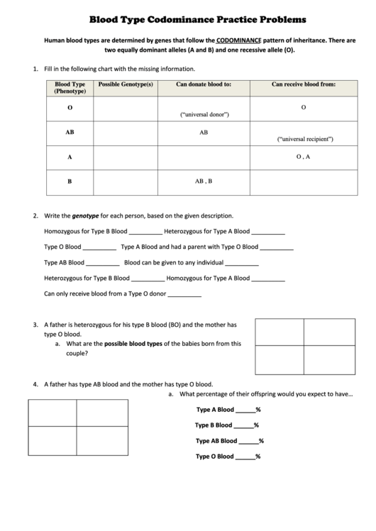 Blood Type Codominance Practice Problems Worksheet Template Printable pdf
