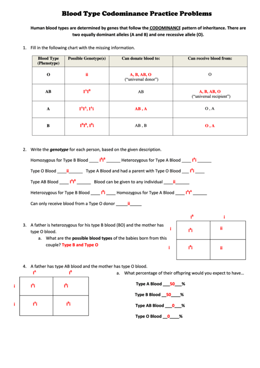 Blood Type Codominance Practice Problems Worksheet With Answers