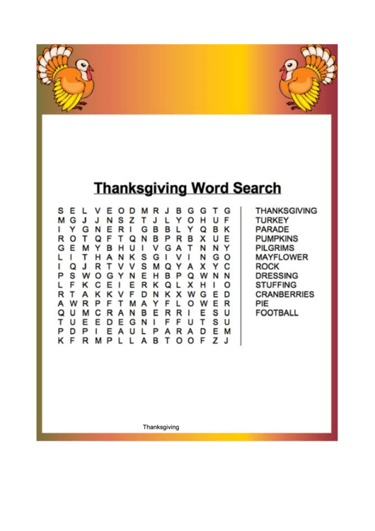 Thanksgiving Turkey Word Search Template Printable pdf