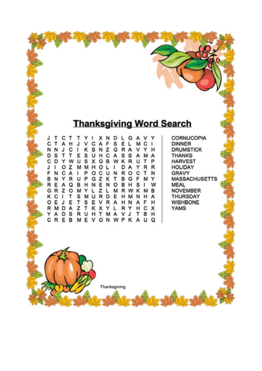 Thanksgiving Leaves Word Search Template Printable pdf