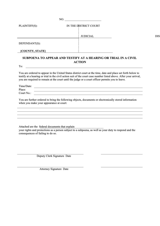 Subpoena To Appear And Testify At A Hearing Or Trial In A Civil Action Printable pdf