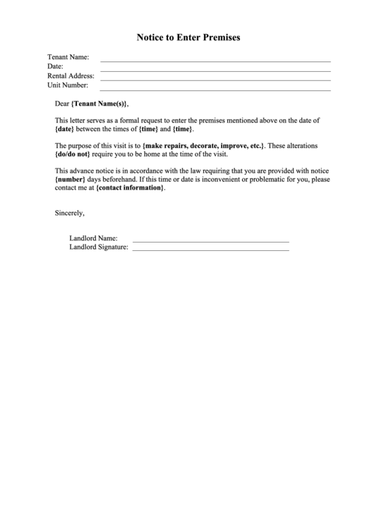 Notice To Enter Premises Printable pdf