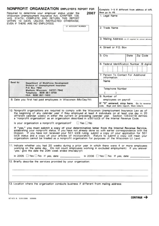 Form Uct-673 - Nonprofit Organization Employer