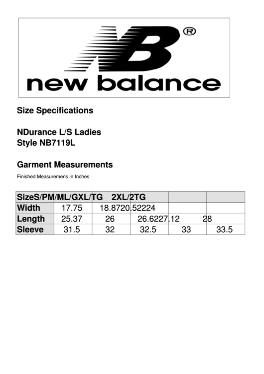 New Balancr Ndurance L/s Ladies Style Nb7119l - Size Chart