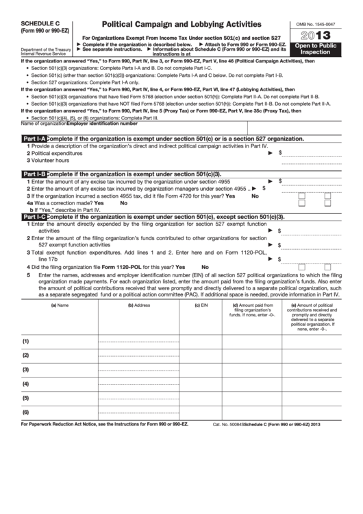 Schedule C (Form 990 Or 990-Ez) - Political Campaign And Lobbying Activities - Internal Revenue Service - 2013 Printable pdf