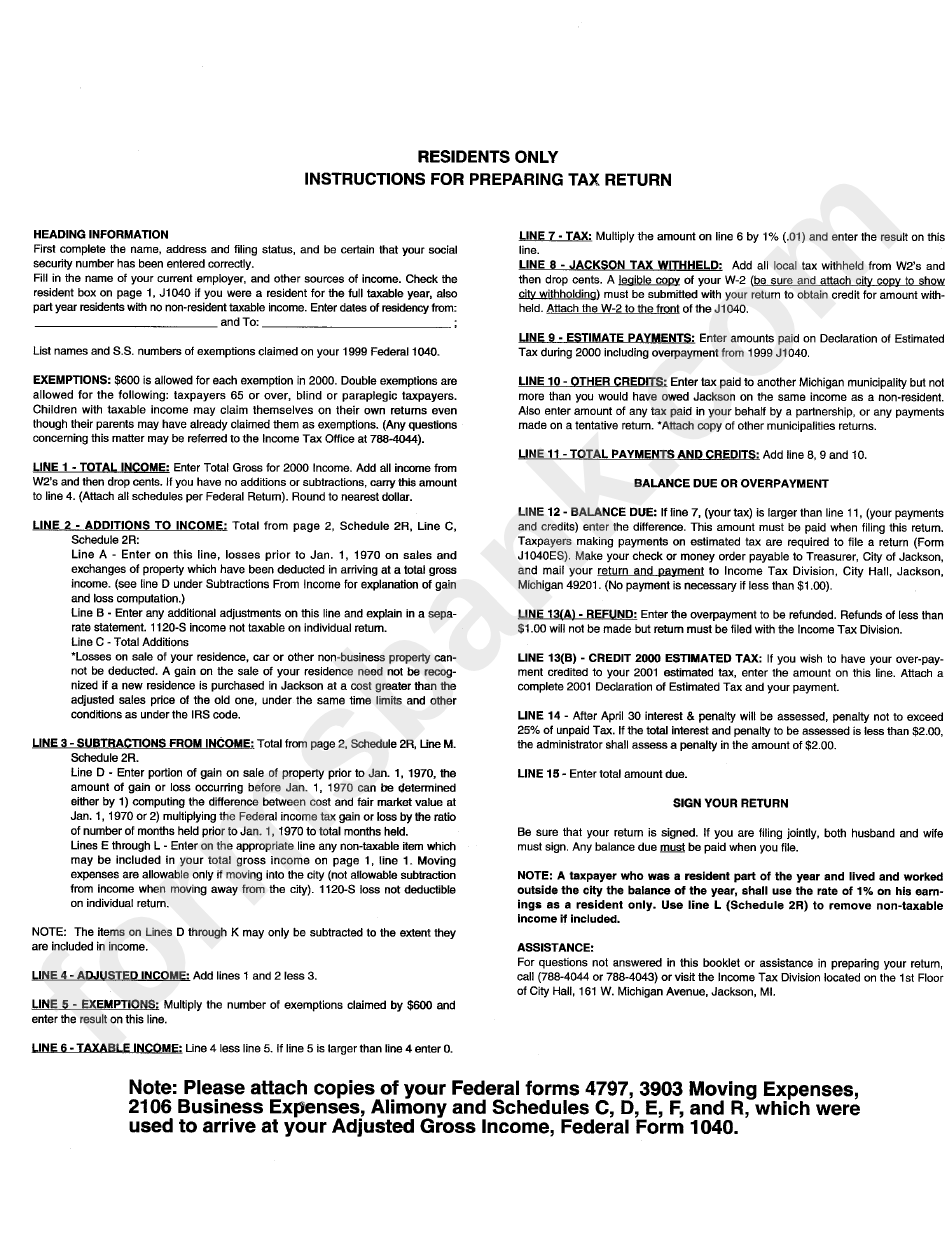 Form J1040 - Individual Return Schedules 3,4 - City Of Jackson, Michigan Income Tax Division - 2000