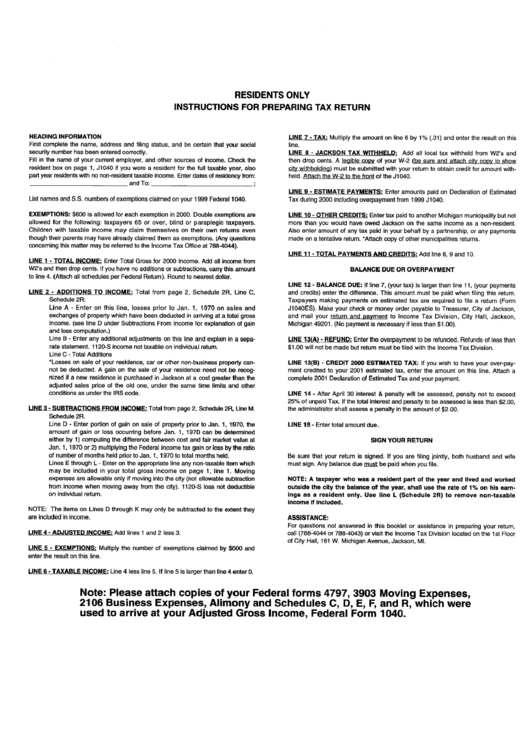 Form J1040 - Individual Return Schedules 3,4 - City Of Jackson, Michigan Income Tax Division - 2000 Printable pdf