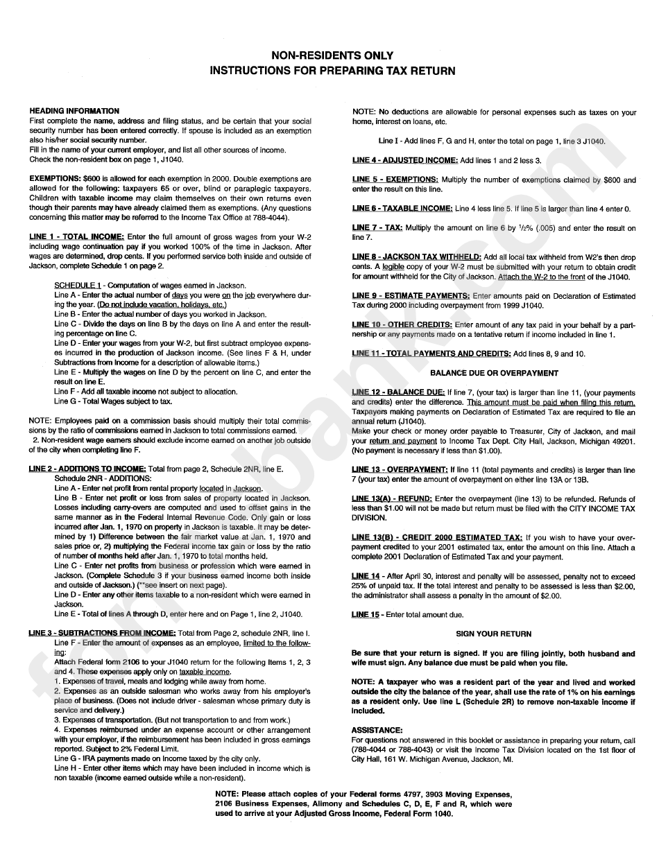 Form J1040 - Individual Return Schedules 3,4 - City Of Jackson, Michigan Income Tax Division - 2000