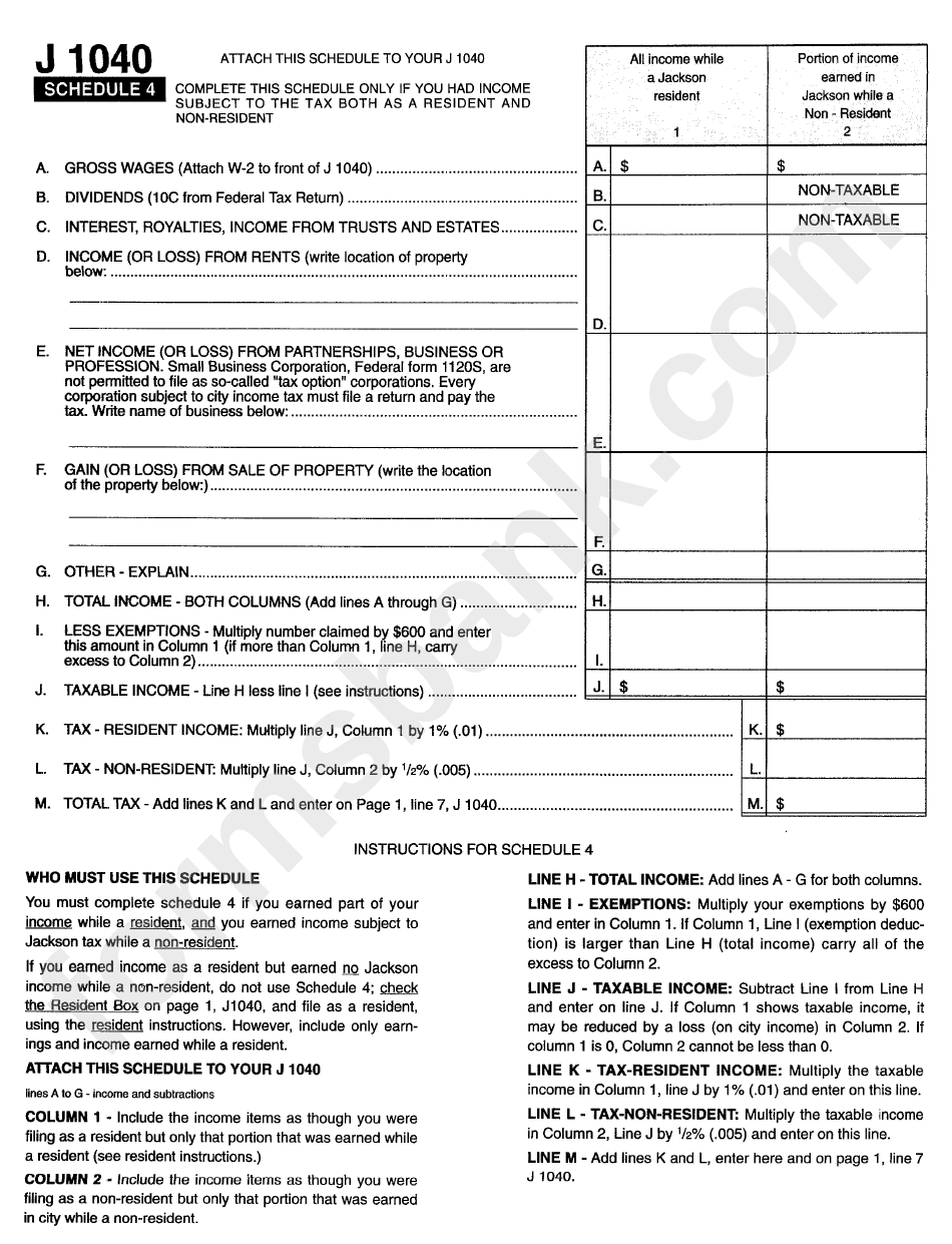 Form J1040 - Individual Return Schedules 3,4 - City Of Jackson, Michigan Income Tax Division - 2000