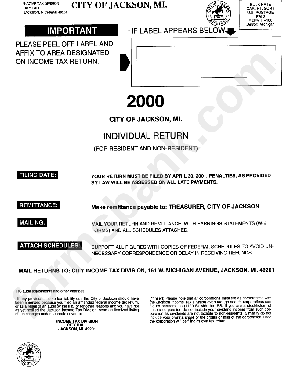 Form J1040 - Individual Return Schedules 3,4 - City Of Jackson, Michigan Income Tax Division - 2000