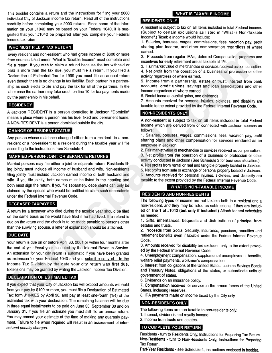 Form J1040 - Individual Return Schedules 3,4 - City Of Jackson, Michigan Income Tax Division - 2000