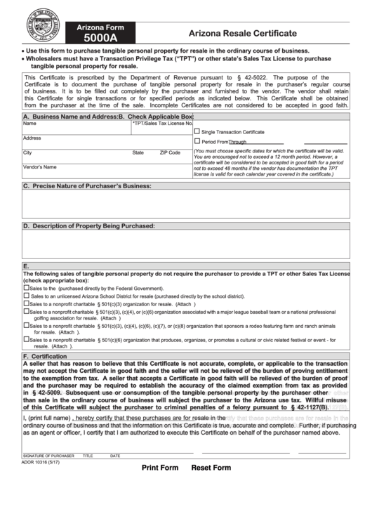 Form 5000a - Arizona Resale Certificate