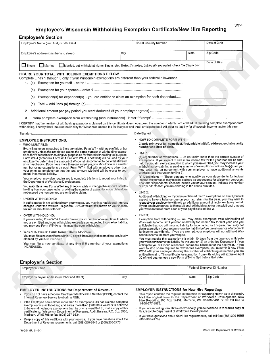 Form Wt4 Employee'S Wisconsin Withholding Exemption Certificate/new