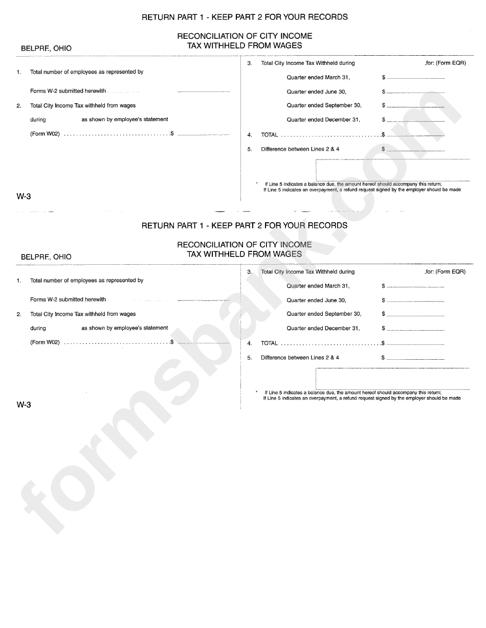 Form W-3 - Reconciliation Of City Income Tax Withheld From Wages - City Of Belpre, Ohio