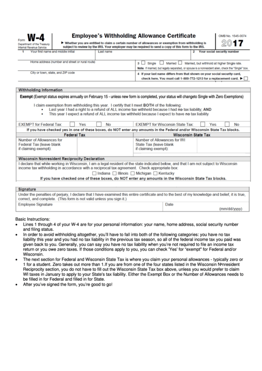 Form W 4 Employees Withholding Allowance Certificate Internal