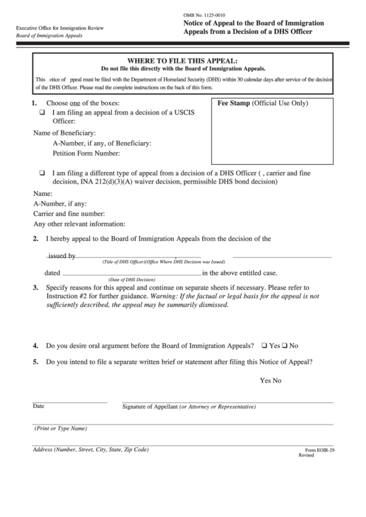 Fillable Form Eoir-29 - Notice Of Appeal To The Board Of Immigration Appeals From A Decision Of A Dhs Officer - U.s. Department Of Justice Printable pdf