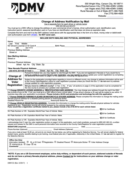 Fillable Form Dmv22 - Change Of Address Notification By Mail Printable pdf
