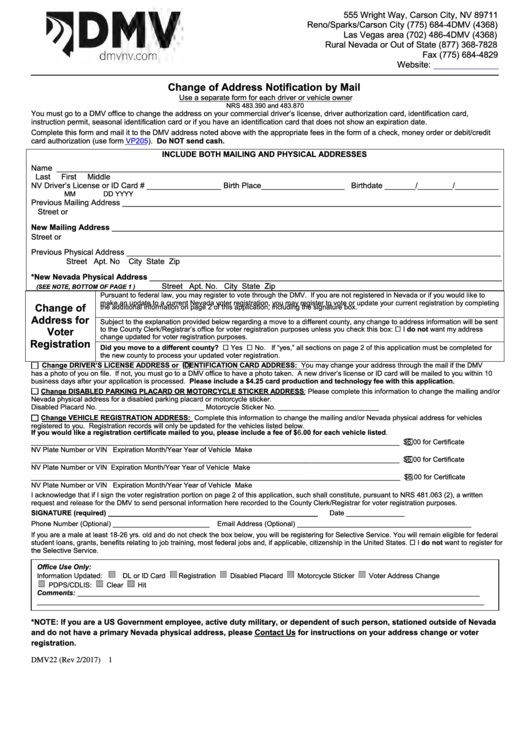 Form Dmv22 - Change Of Address Notification By Mail