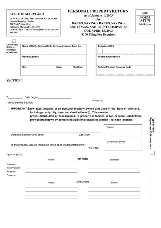 Form At3-75 - Personal Property Return - 2003 Printable pdf