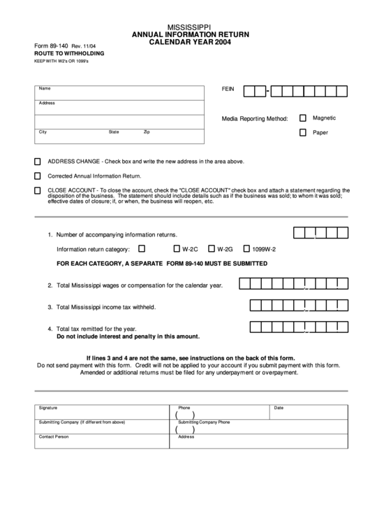 Form 89-140 - Annual Information Return - 2004 Printable pdf