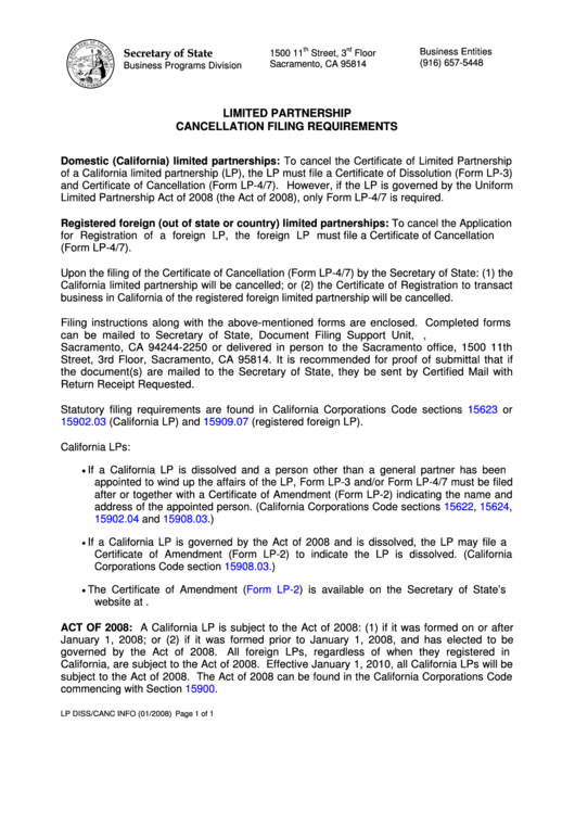 Form Lp-4/7 - Limited Partnership Cancellation Filing Requirements - California Secretary Of State Printable pdf