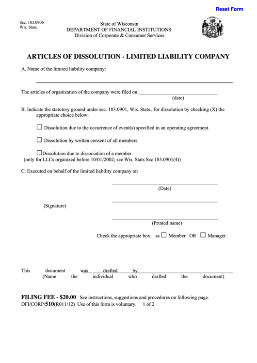 Fillable Form 510 - Articles Of Dissolution For A Limited Liability Company - Wisconsin Department Of Financial Institutions Printable pdf