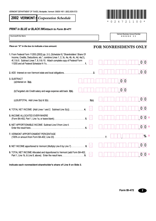 Vermont Form Bi-472 - S Corporation Schedule - 2002 Printable pdf
