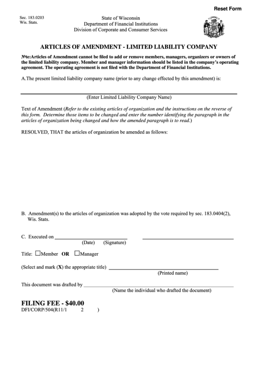 Fillable Form 5041 - Articles Of Amendment For A Limited Liability Company - Wisconsin Department Of Financial Institutions Printable pdf
