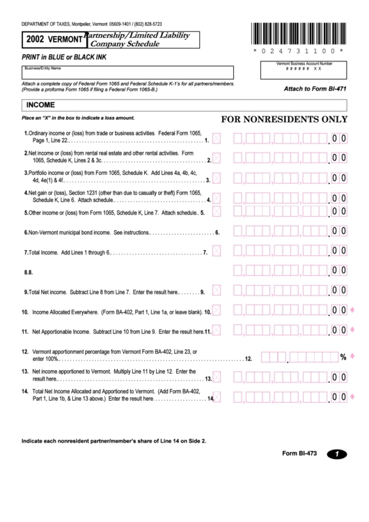 Vermont Form Bi-473 - Partnership/limited Liability Company Schedule - 2002 Printable pdf