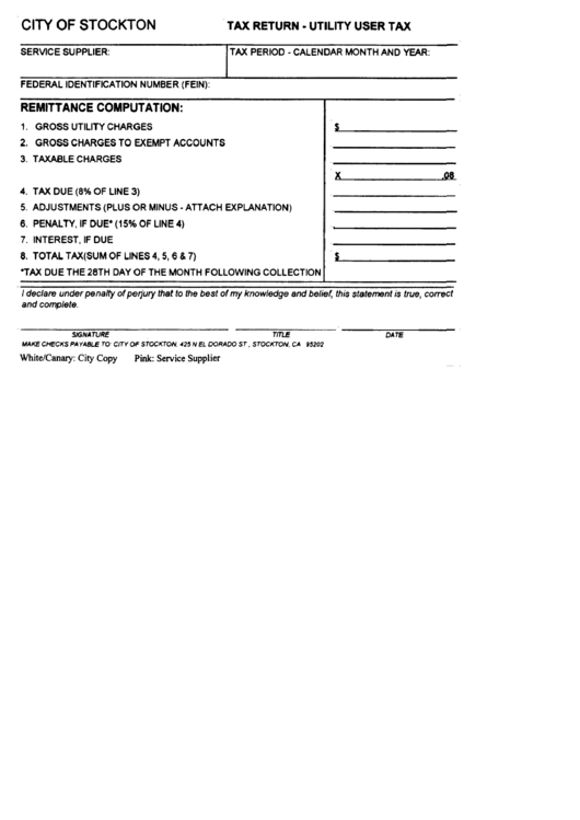 Tax Return - Utility User Tax - City Of Stockton Printable pdf