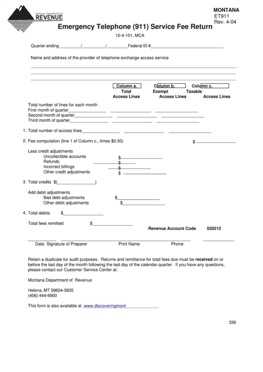 Fillable Montana Form Et911 - Emergency Telephone (911) Service Fee Return Printable pdf