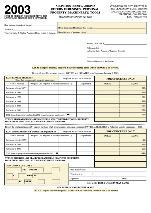Return Of Business Personal Property, Machinery & Tools - Arlington County - 2003 Printable pdf