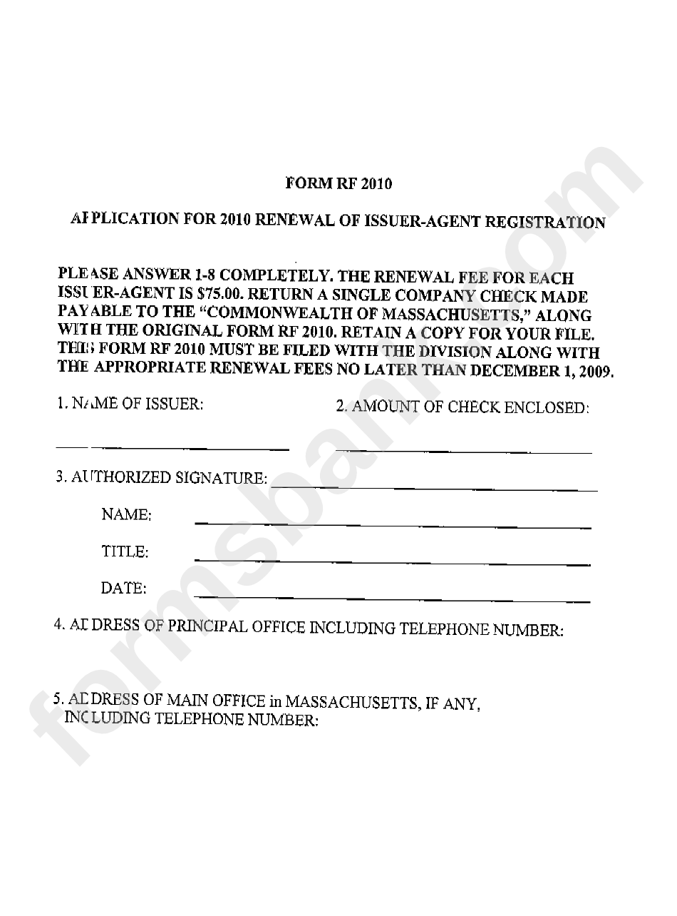 Form Rf 2010 - Application For Renewal Of Issuer-Agent Registration - Massachusetts Secretary Of The Commonwealth