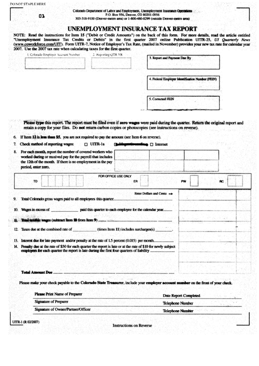 Form Uitr-1 - Unemployment Insurance Tax Report - Colorado Department Of Labor And Employment Printable pdf