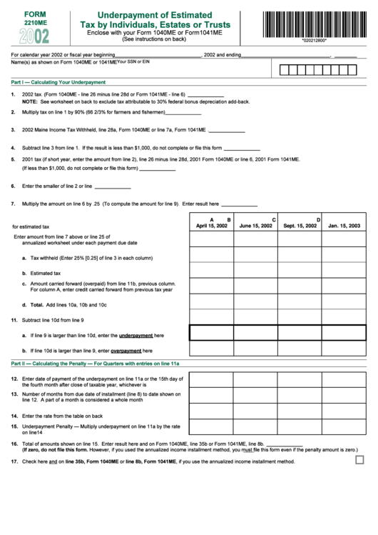 Form 2210me - Underpayment Of Estimated Tax By Individuals, Estates Or Trusts - 2002 Printable pdf