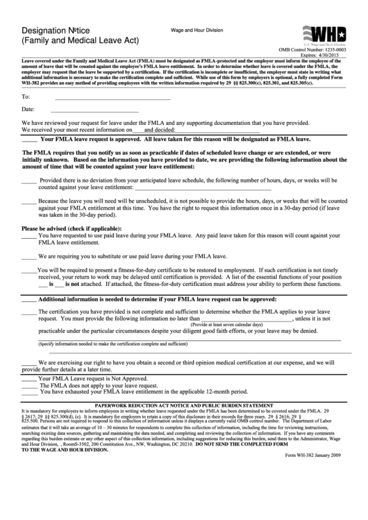 Form Wh-382 - Designation Notice (family And Medical Leave Act)