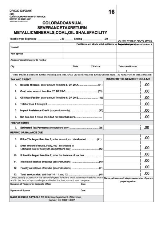 Form Dr 0020 - Colorado Annual Severance Tax Return Metallic Minerals, Coal, Oil Shale Facility Printable pdf