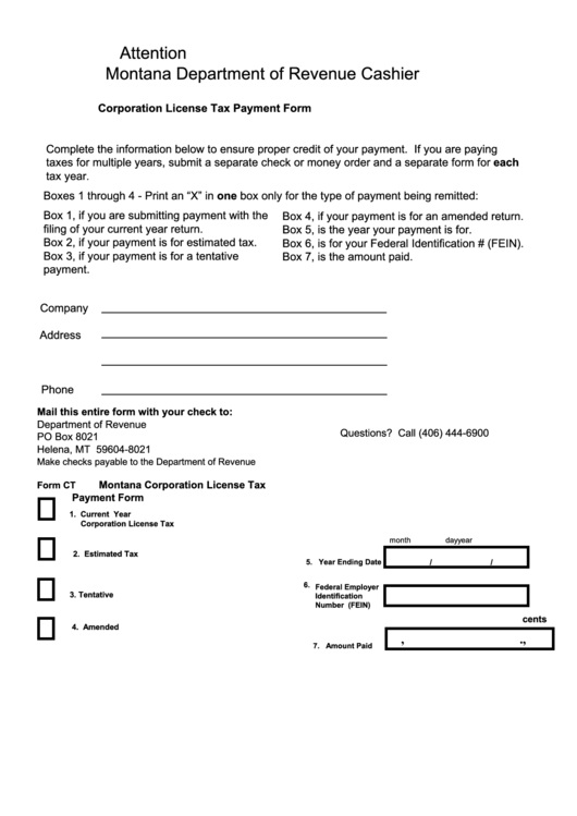 Form Ct - Montana Corporation License Tax Payment Form Printable pdf