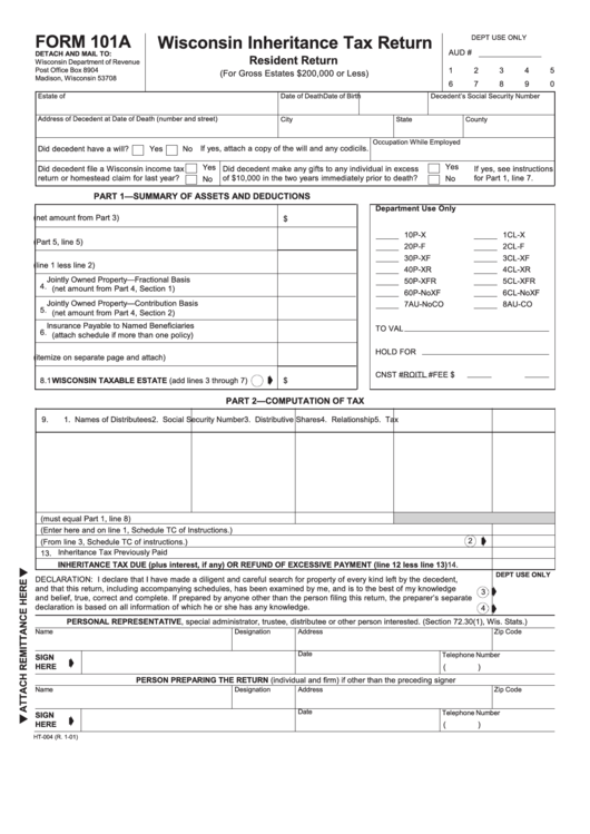 Form 101a Wisconsin Inheritance Tax Return For Residents printable