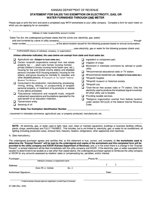 Form St-28b - Statement For Sales Tax Exemption On Electricity, Gas, Or Water Furnished Through One Meter Printable pdf