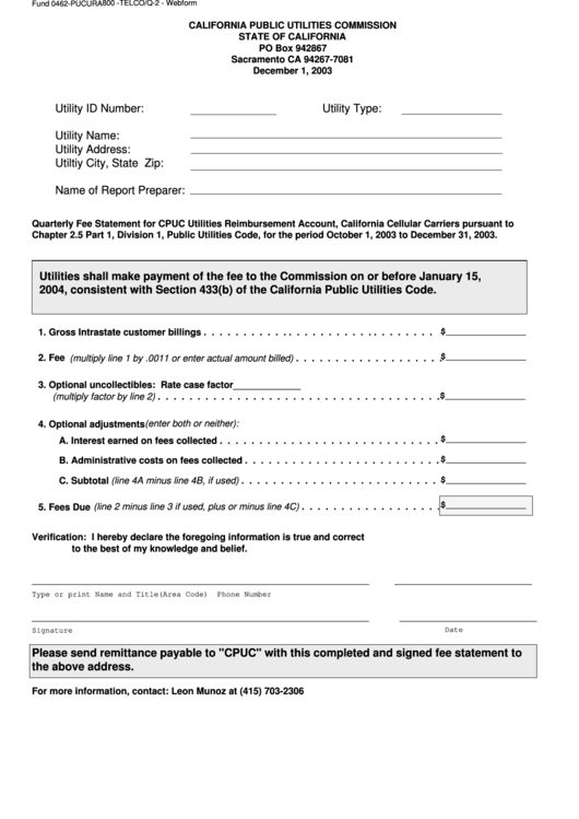 Form 800 - Quarterly Fee Statement - California Public Utilities ...