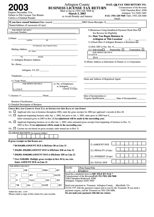 Form Cr-L3 - Business License Tax Return - Arlington County - 2003 Printable pdf