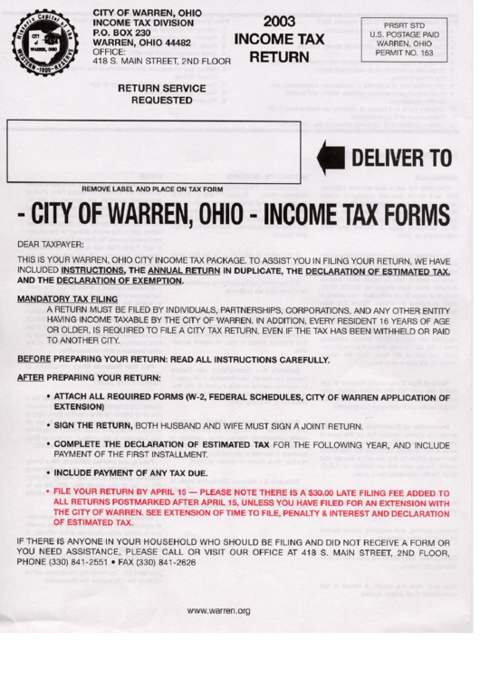 Instructions For Income Tax Return - City Of Warren - 2003 Printable pdf