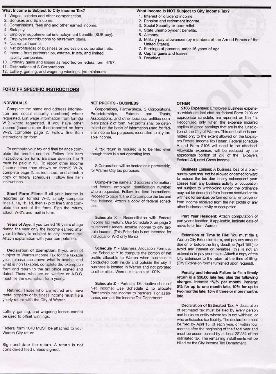 Instructions For Income Tax Return - City Of Warren - 2003