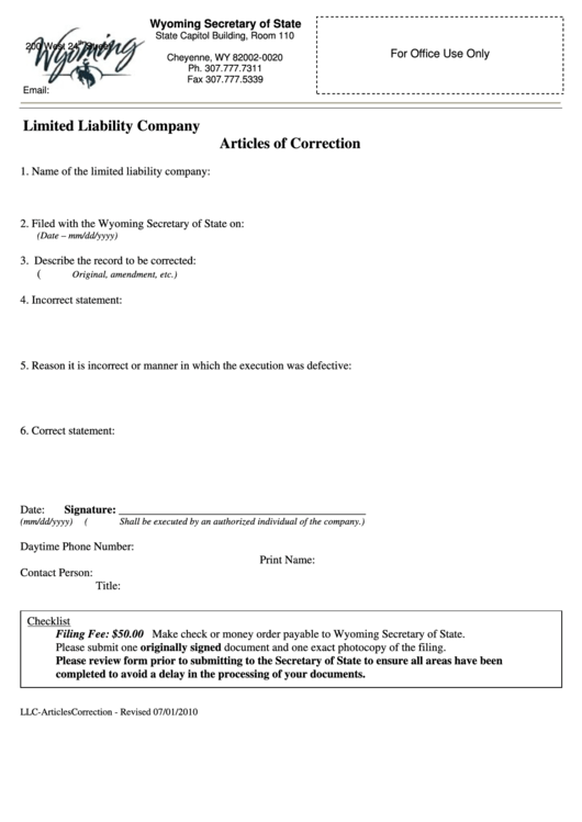Fillable Articles Of Correction Llc Form - Wy Secretary Of State - 2010 Printable pdf