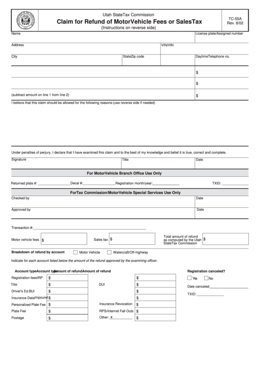 Fillable Form Tc-55a - Claim For Refund Of Motor Vehicle Fees Or Sales Tax - 2002 Printable pdf